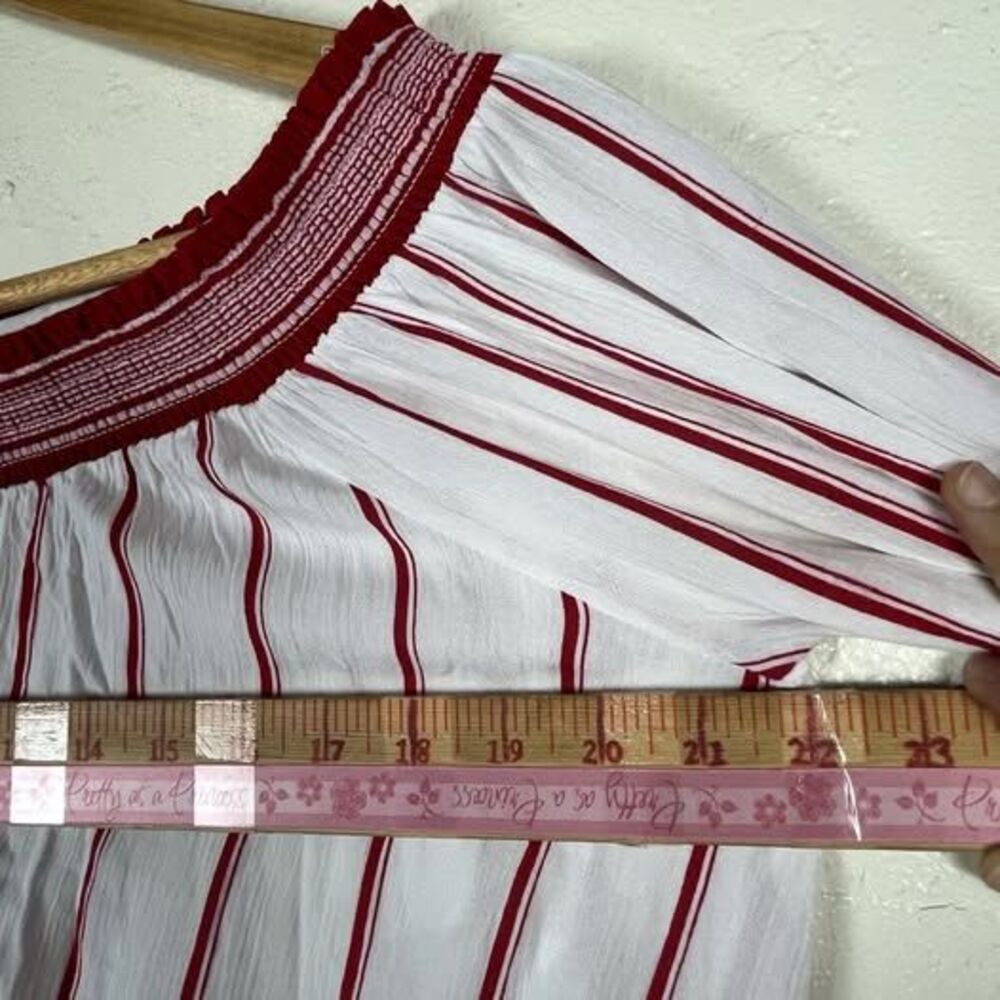 Women’s Off Shoulder Tie Front Smocked Waist Peasant Blouse Red Stripe M - Picture 9 of 10